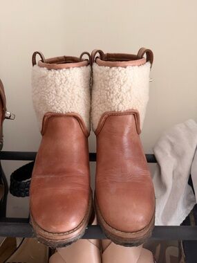 Coach Chestnut Brown Leather Ankle Booties with Cream Shearling Cuff
